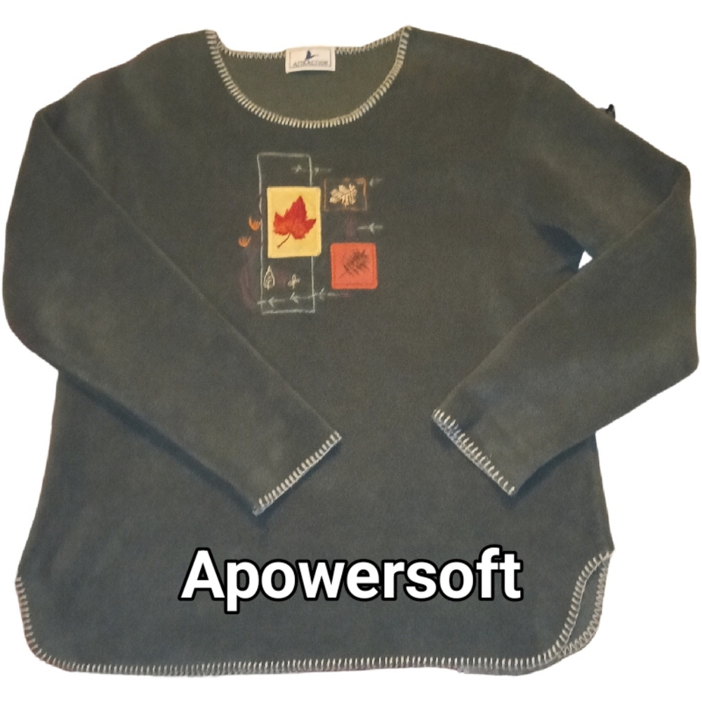 Olive Fleece Fall Theme Pullover — Vintage — Size 1X